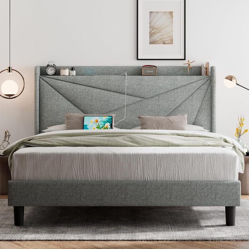 Queen Size Bed Frame Bed Frame with C-Type and USB Ports Storage Headboard Solid Slats Support Queen Size Bed Frame Bed Frame with C-Type and USB Ports Storage Headboard Solid Slats Support