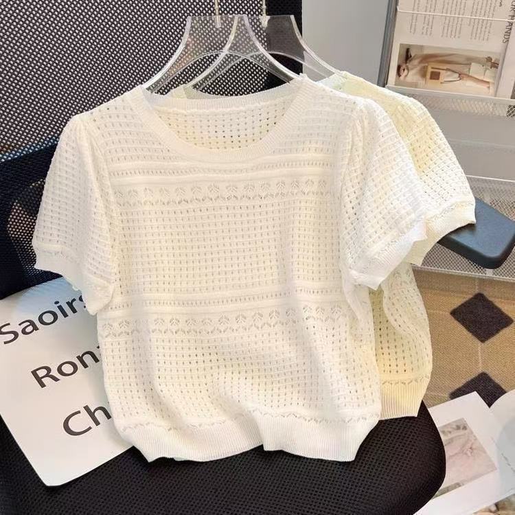 New Ice Silk Knitwear Women's White Summer Round Neck Small Fragrant Style Hollow Short-Sleeved Shirt Thin Pullover Top Wholesale New Ice Silk Knitwear Women's White Summer Round Neck Small Fragrant Style Hollow Short-Sleeved Shirt Thin Pullover Top Wholesale