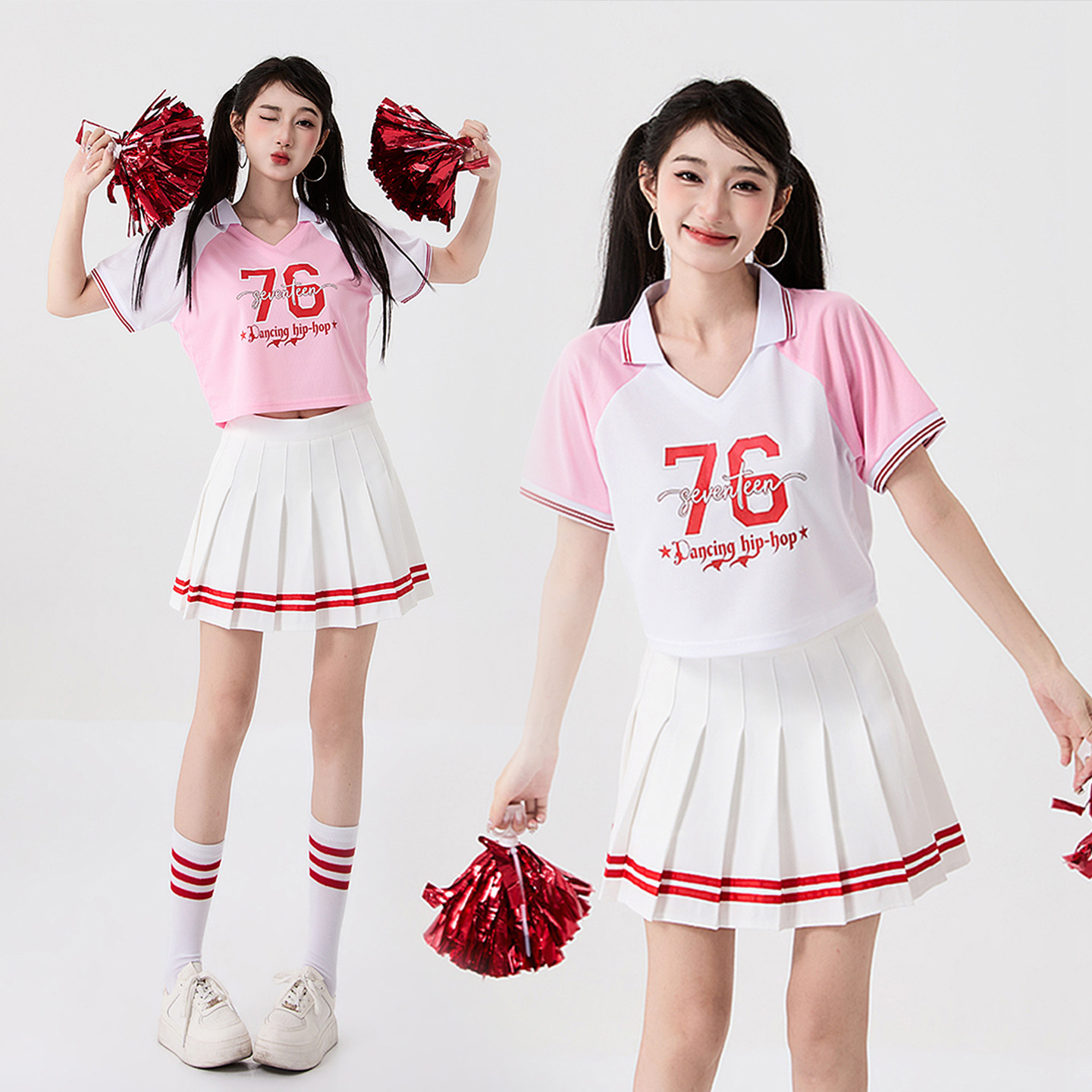 Pink Girl Performance Costumes for Middle and High School Students, Anti-Exposure Cheerleading and Football Performance Outfits