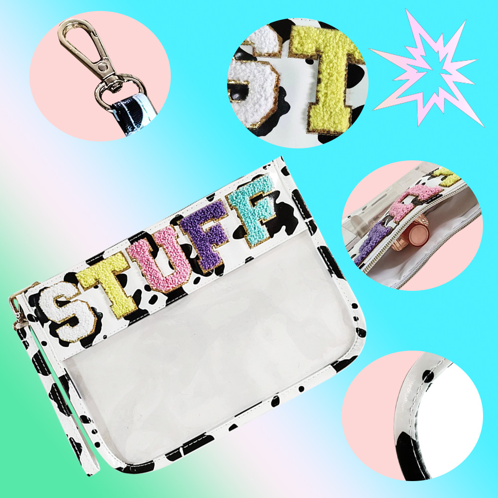 Chenille letter bag transparent flat bag, PVC and nylon transparent cosmetic bag, travel cosmetic bag with zipper