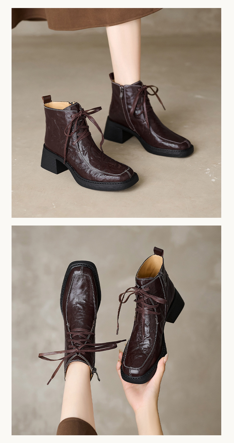 Boot nữ mũi vuông dây buộc da dê cao gót cổ ngắn lót nhung — Lớp lót nhung đen chi tiết 8