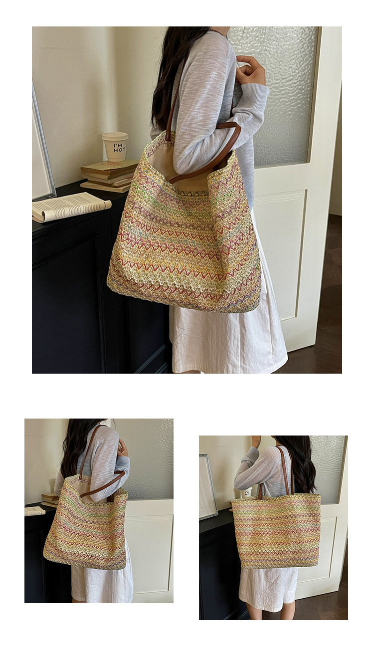 Women's Large Woven Tote Bag Shoulder Bag With Contrast Texture_voghion.com