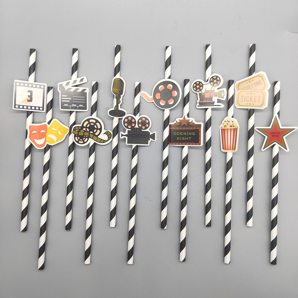 En stock Festival de cine fiesta paja papel degradable paja barra bebida postre pastel decoración paja tarjeta