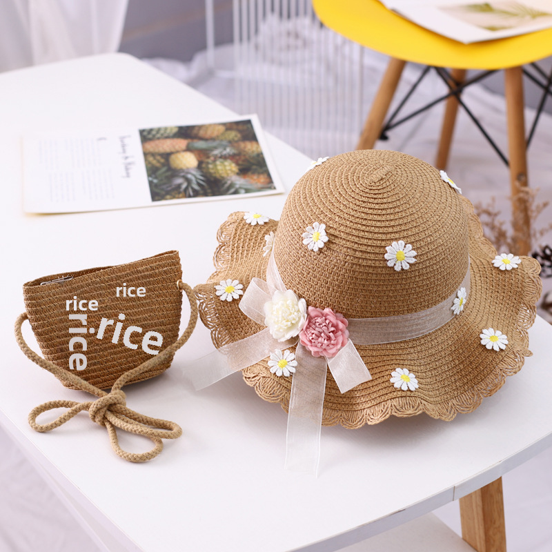 Chapeau de paille pour fille, chapeau d'été en ruban de paille, chapeau pare-soleil à fleurs, chapeau de pêcheur, ensemble de sacs de protection solaire parent-enfant_voghion.com