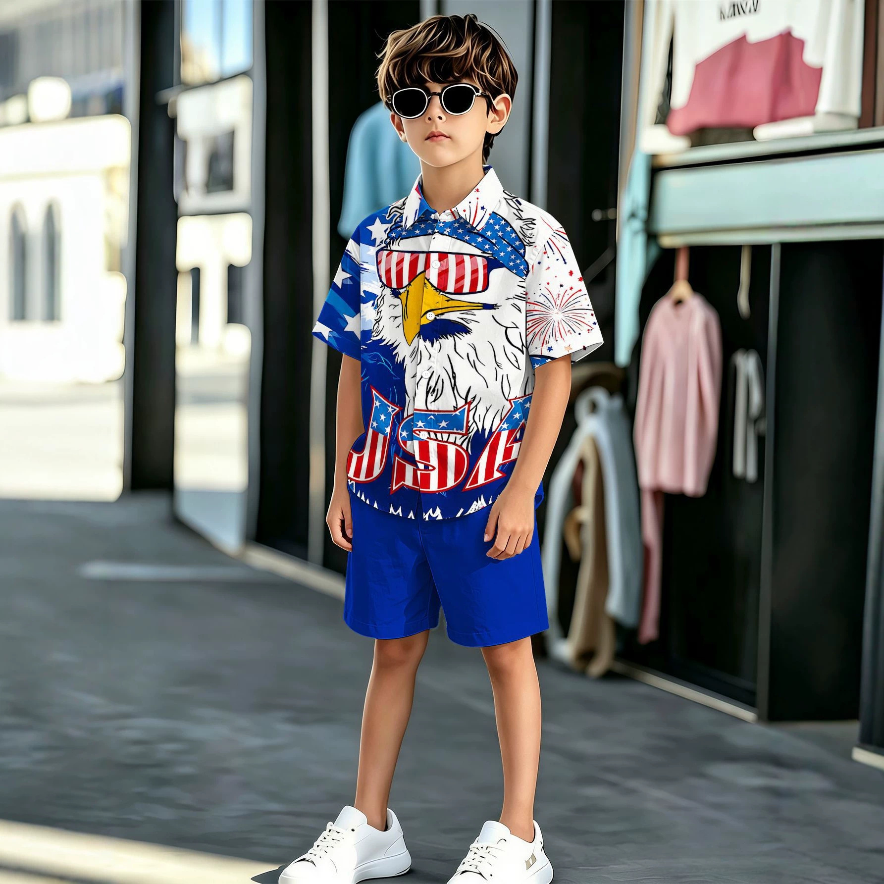 Neues Sommer-Set mit Totem-Print für Jungen: Hemd und Shorts mit Umlegekragen._voghion.com