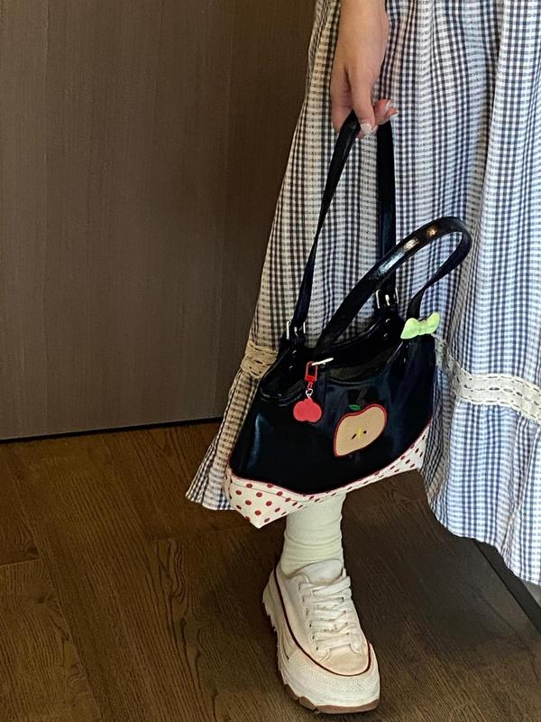 2025 夏ニッチかわいいリンゴ刺繍ショルダー脇の下バッグ韓国スタイルガール水玉ハンドバッグ小さなトートバッグ|undefined