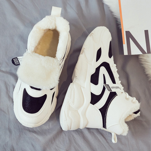 Velvet thickened warm high-top cotton shoes for women  winter new versatile white sports dad shoes winter style