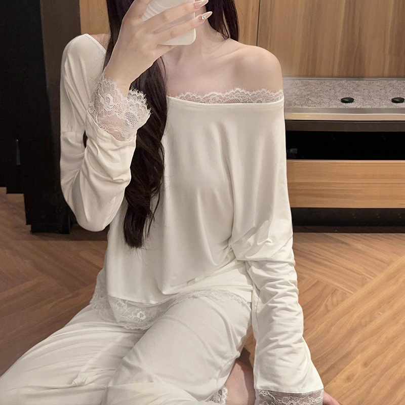 法式莫代尔睡衣女春秋套头长袖长裤露肩温柔蕾丝纯欲风家居服套装|undefined