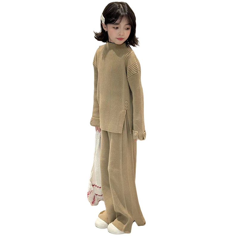 소녀 스웨터 세트 2024 가을 게으른 스타일 어린이 디자인 니트 탑 스플릿 바지 2 피스 세트