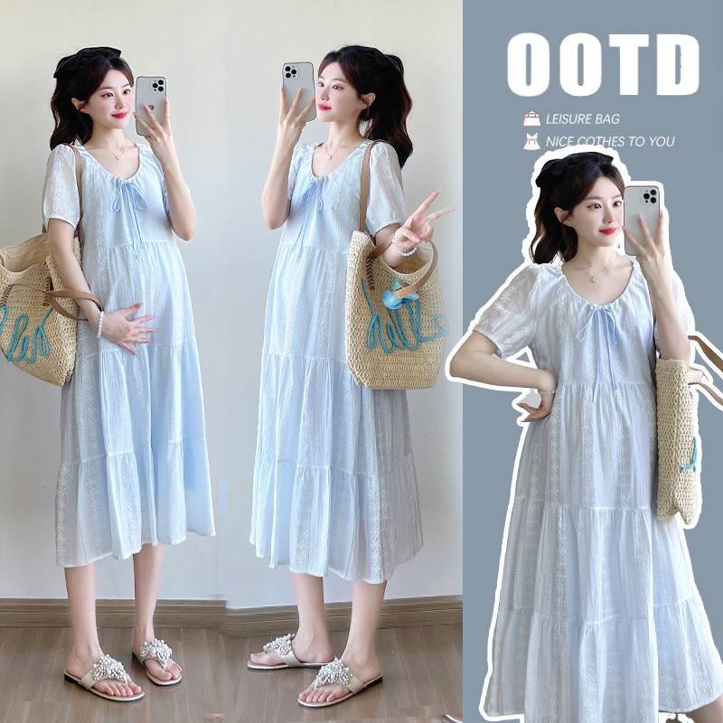 Pregnant Women's Skirt Summer Dress Fresh Thin Breathable Loose Slimming Over-the-knee Long Dress Summer plus size Belly Covering dress Pregnant Women's Skirt Summer Dress Fresh Thin Breathable Loose Slimming Over-the-knee Long Dress Summer plus size Belly Covering dress