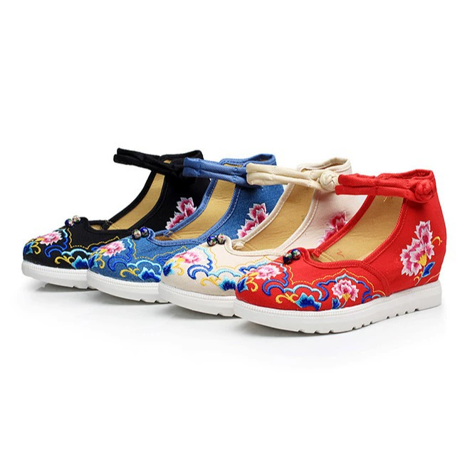 Клоизонная двойная шар floral вышивка Мэри Джейн туфли наankle strap - красный/синий/черный/бежевый