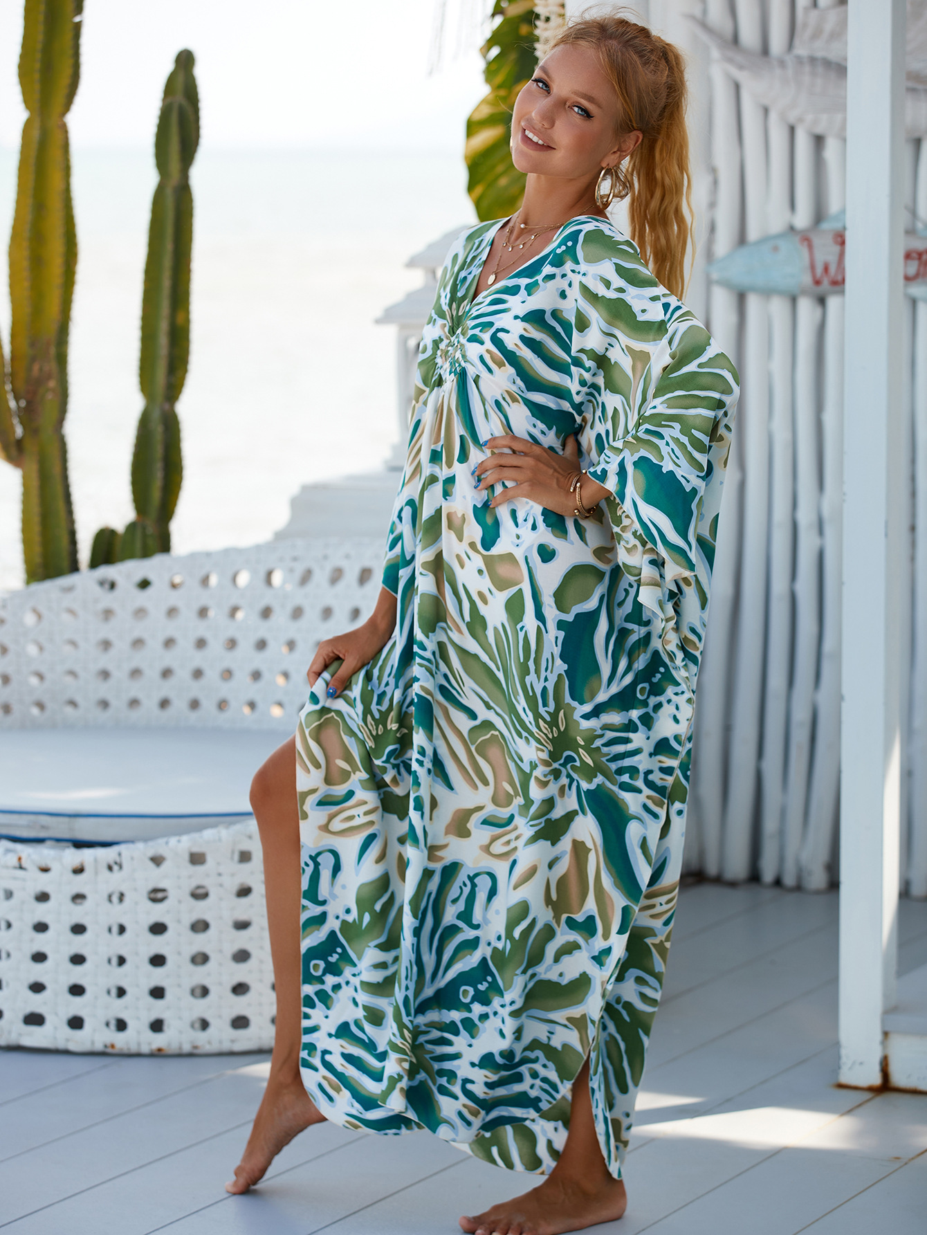 224g Weight Sunscreen Shirt Outerwear Type 3/4 Length Sleeve Sleeve Length Polyester Fabric Type Long Top Length V Neck Neckline Printing, Leopard Pattern Spring&Summer Season Women's Gender Vacation, Beach Style Women's Printing Leopard Vacation Beach Cover Ups 171
