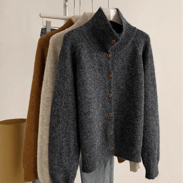High-End Stand-Up Collar Knitted Cardigan Jacket Top for Women in Autumn and Winter Soft Waxy Gray Inner High Collar Lazy Outer Sweater