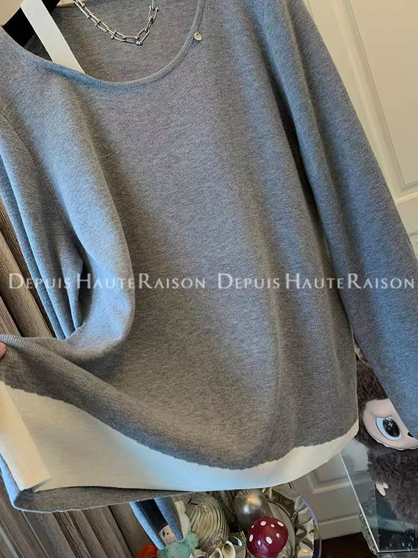 韩系千金复古假两件设计感螺纹显瘦弹力长袖针织衫毛衣女秋上衣潮|undefined