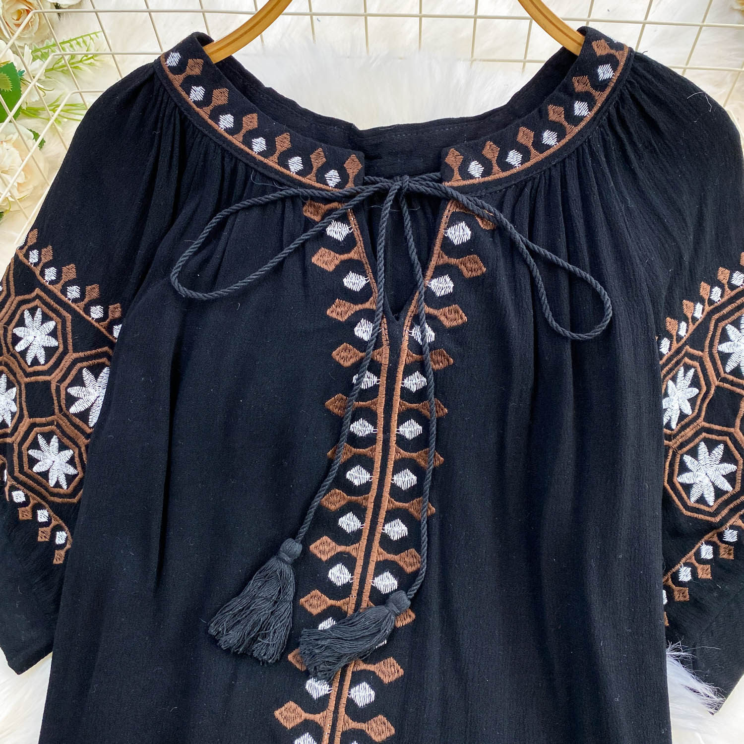 Women's Bohemian Style Sweet Embroidered Tie Neck Round Neck Mid Sleeve T-Shirt Summer Loose Fit Slimming Ethnic Retro Top_ecoleips.com