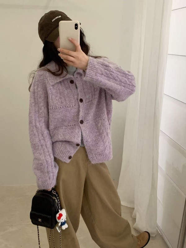 韩代2025秋冬新款翻领复古毛衣外套女软糯宽松高级感夹花针织开衫|undefined