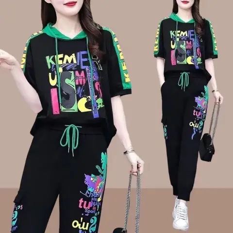 European Station 2024 Summer New Sports Leisure suit Loose Hooded Printed Women's Design Stitching Top Pants