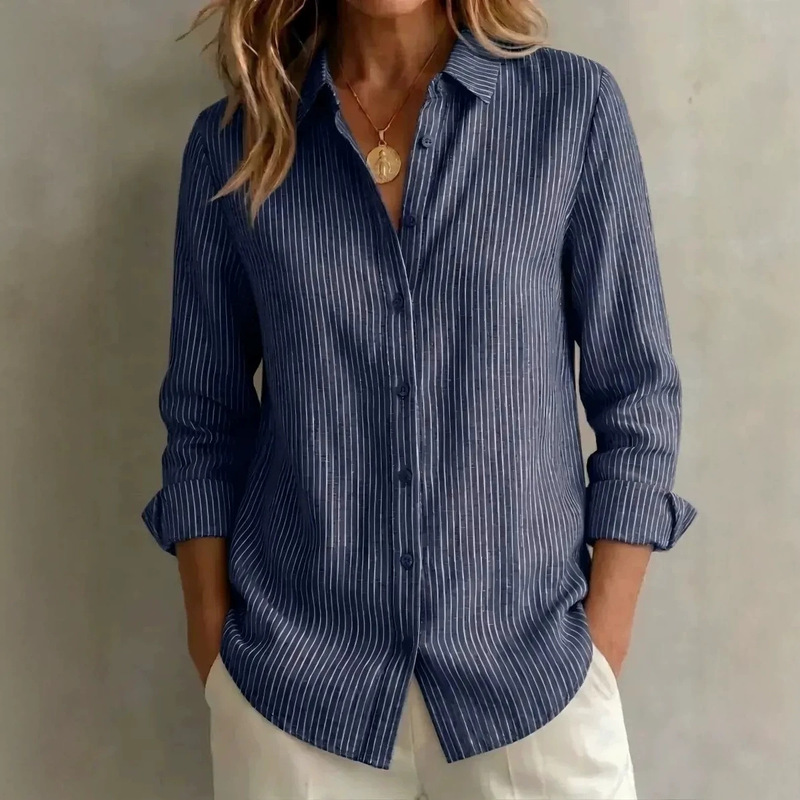 Blue and white striped linen shirt for women, turn-down collar, single-breasted, loose fit, straight cut, long sleeve, casual and commuter style, popular shirt Blue and white striped linen shirt for women, turn-down collar, single-breasted, loose fit, straight cut, long sleeve, casual and commuter style, popular shirt
