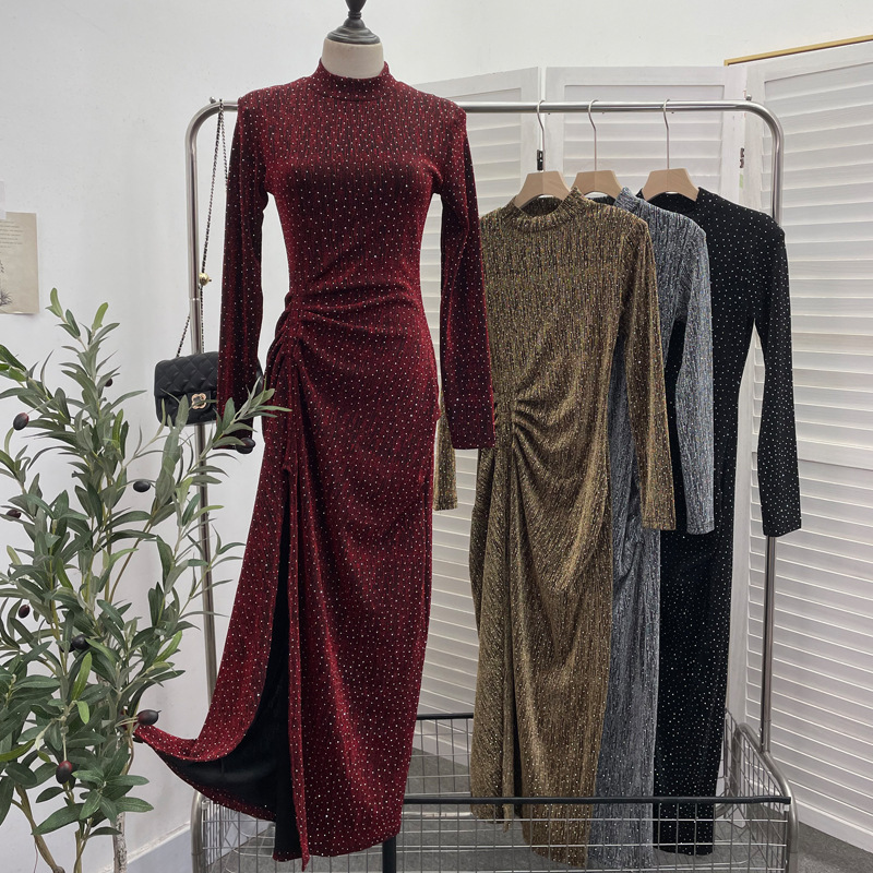Real shot design sexy high split pleated waist small sequins dress semi-high collar shoulder pad dress 8872 Real shot design sexy high split pleated waist small sequins dress semi-high collar shoulder pad dress 8872