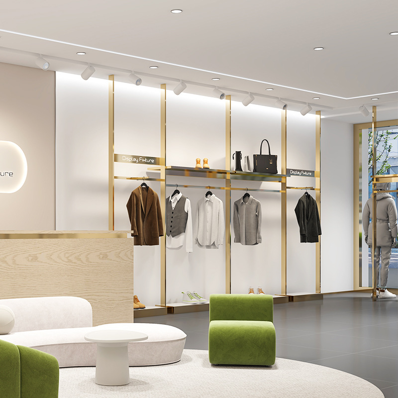Estantes de ropa de hombre de acero inoxidable en la pared columnas del cielo simple cabina de exhibición de ropa tienda de ropa estante de exhibición estante oro