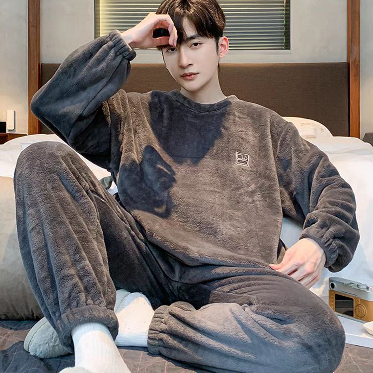 Men's Pajamas Winter Coral Velvet Thickeneded Velvet Warm Pajamas Men's Winter Flannel Youth Suit Home Clothes