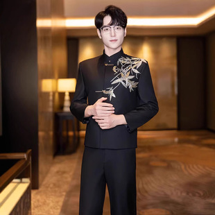 Men's New Chinese-Style Mandarin Collar Suit Groom's Formal Attire Tang Suit Blazer Set with Chinese-Style Embroidery