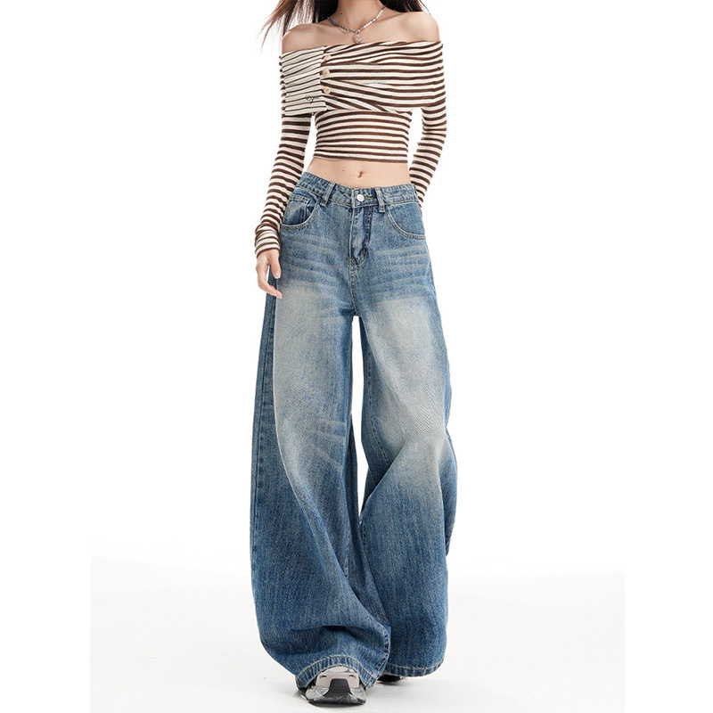 Washed vintage blue cat-whisker straight-leg jeans for women, new summer high-waisted loose fit slimming American style floor-length wide-leg pants Washed vintage blue cat-whisker straight-leg jeans for women, new summer high-waisted loose fit slimming American style floor-length wide-leg pants
