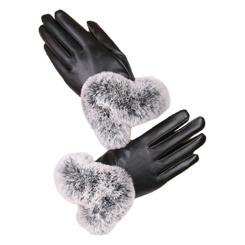Guantes térmicos de Invierno para mujer PU cuero forrado de lana caliente a prueba de frío conducción a caballo boca de piel de conejo guantes de cuero de pantalla táctil de invierno