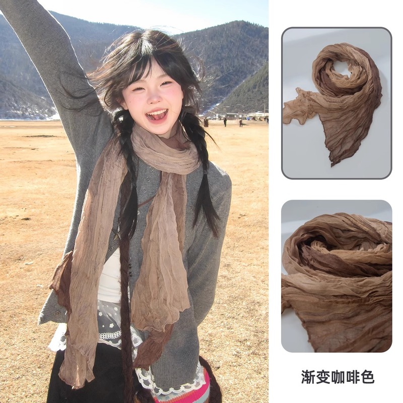 女性用レトロコットンとリネンスカーフ、春と夏、薄い、芸術的なブラウン、ヴィンテージ、プリーツ、日焼け止め、ストリップシルクスカーフ、ネック周りの雰囲気|undefined