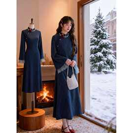 【蓝瓷】复古蓝色改良旗袍连衣裙2025年冬季加绒加厚民国风百搭款