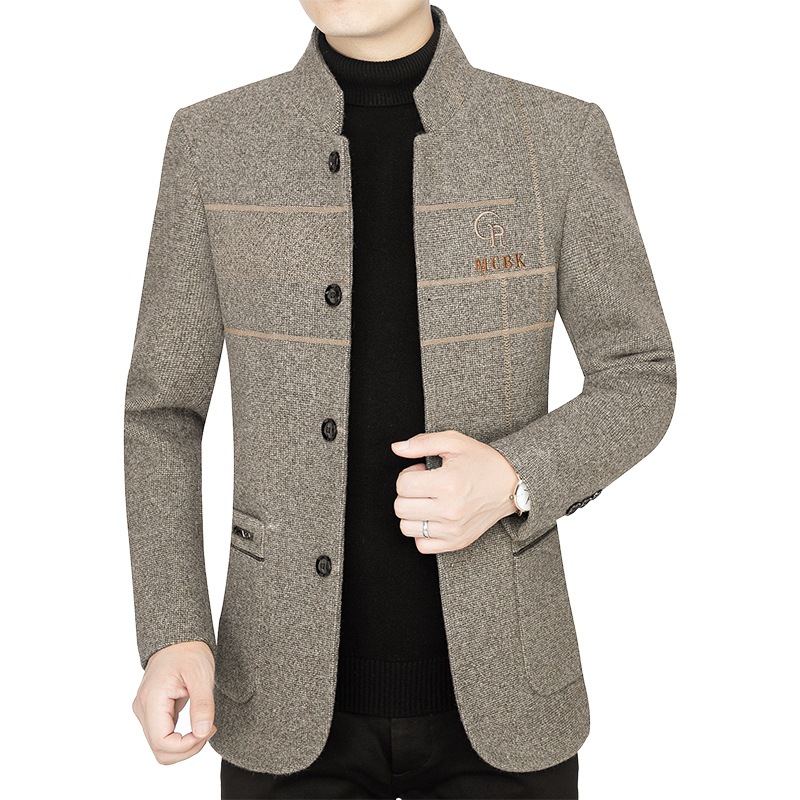 Chaqueta de lana gruesa para hombres de mediana edad, otoño e invierno 2025, cuello alto, estilo casual de negocios, abrigo de lana para papá