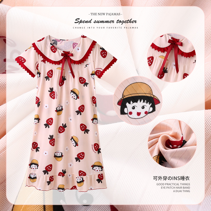 Pijama de niñas verano delgado falda de mangas cortas adorable madre e hija princesa viento pijama infantil bebé ropa para el hogar