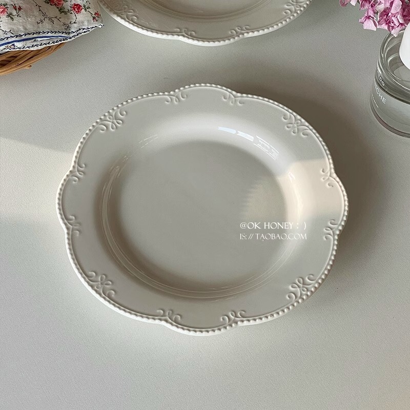 フレンチインズレトロスタイルプレート、高級レリーフレースホワイトプレート、朝食皿、平皿、デザートプレート、ケーキプレート|undefined