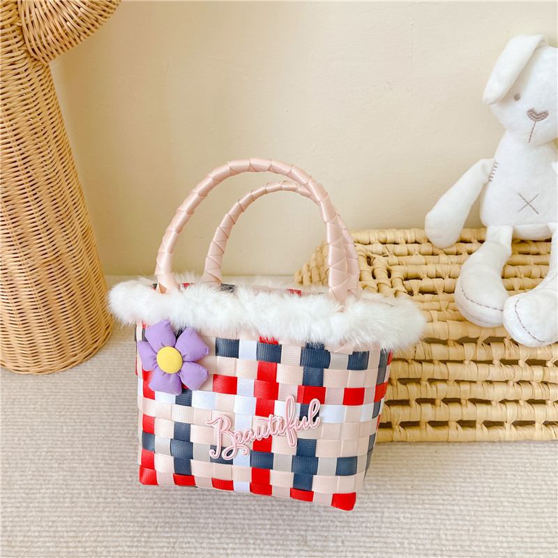 Nueva cesta de alimentos Internet celebridad bolso mano-llevar a cuadros Arco Iris tejido pequeño bolso cuadrado de las niñas de dibujos animados de ajedrez bandeja de almacenamiento bolsa