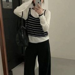 2025秋季新款韩系ins复古辣妹条纹两件套针织衫女显瘦上衣打底衫