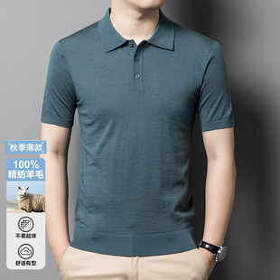 [60-Count Fine-Spun] Wool Polo Shirt Men's Wool Sweater Thin Short-Sleeve Turn-Down Collar T-Shirt Knitted Half-Sleeve Top