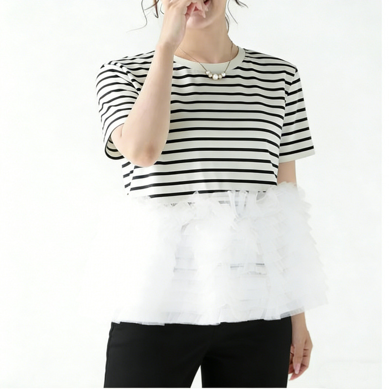 Foreign Trade Cross-Border Japanese-Style Personalized Black and White Striped Patchwork Pleated Mesh Skirt Short-Sleeve Blouse for Women Summer Fashion