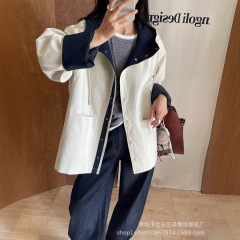 琪镌绘制秋季撞色连帽风衣女宽松百搭上衣高级感中长款外套98362
