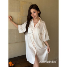 2026年冰丝性感带胸垫睡裙夏季薄款男友高级感家居服衬衫翻领睡裙