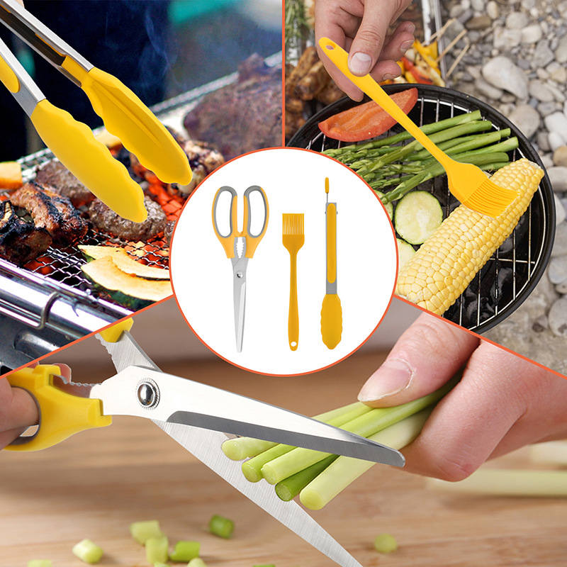 En stock clip de alimentos de acero inoxidable de tres piezas de silicona clip de alimentos cepillo de aceite cepillo de barbacoa tijeras de cocina gadget traje