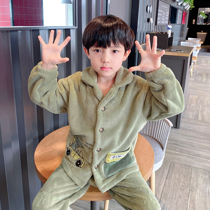 (2개) 새로운 어린이 잠옷 소년과 소녀 섬 벨벳 카디건 두꺼운 플란넬 세트 따뜻한 가정 옷