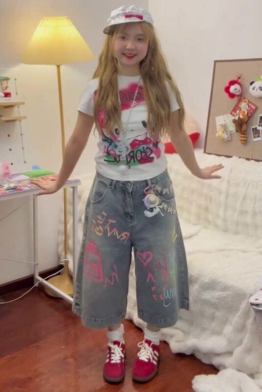 American Graffiti Print Cropped Denim Shorts for Women, Summer Trendy Brand Design, Loose Hip-Hop Straight Wide-Leg Mid-Pants