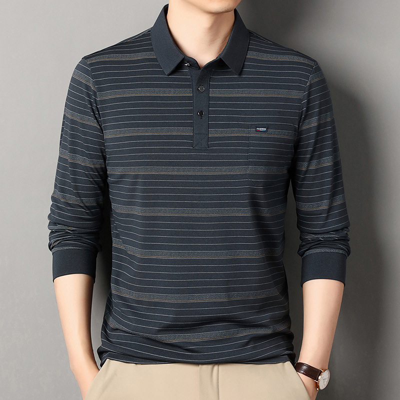 New men's spring and autumn long sleeve T-shirt lapel casual stripes middle-aged loose business polo shirt a wholesale