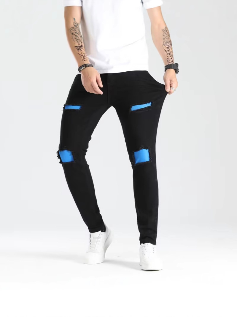 Nuevo agujero transfronterizo pie pequeño pantalones de hombre parche elástico de tendencia jeans de moda para hombre
