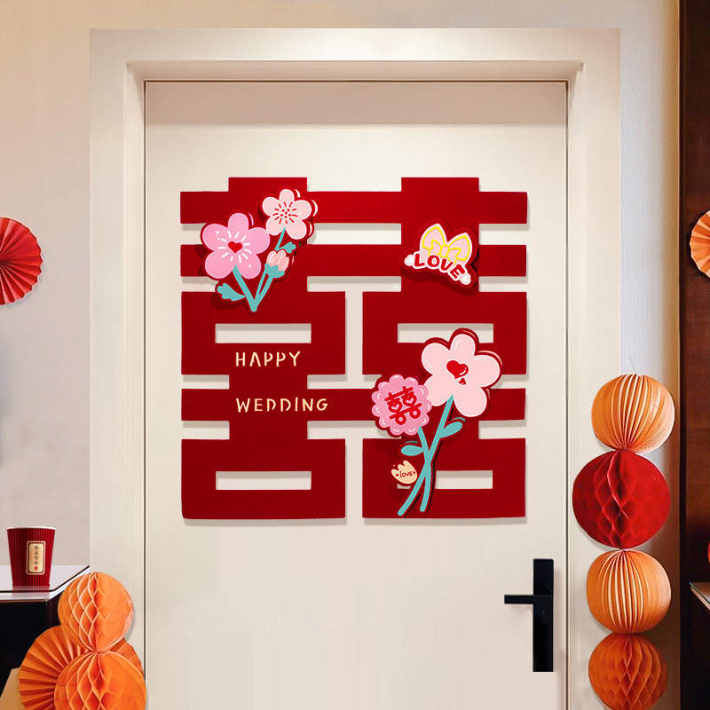 Suministros DE BODA vino rojo flocado color impresión papel boda Xi carácter tridimensional boda habitación decoración puerta pegatina etiqueta de la pared al por mayor