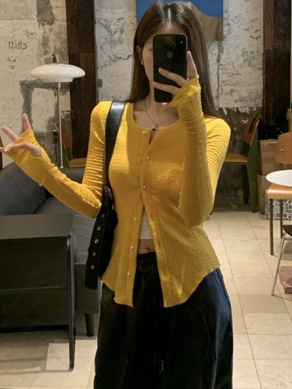 Plus-Size Yellow Long-Sleeve Knit Cardigan for Women, Spring 2025 New Style, Waist-Cinching Slimming Cardigan Top, French-Style Coat for Curvy Women