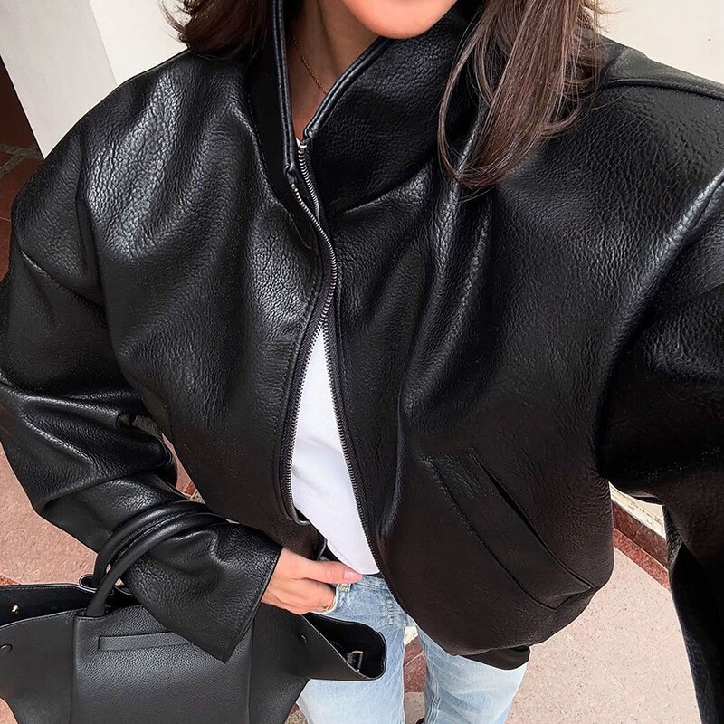 2025 Early Autumn New Black Leather Jacket with a Cool and Stylish Turn-Down Collar, Short Zipper Jacket, Versatile and Fashionable with a High-End Feel