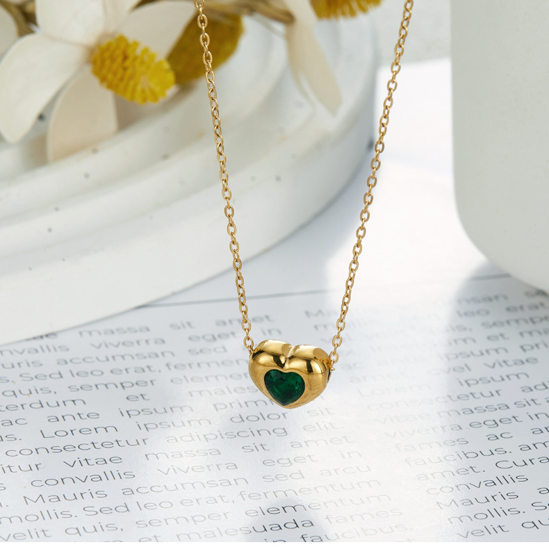 Japanese Style Heart Shape Titanium Steel Gold Plated Zircon Necklace 1 Piece