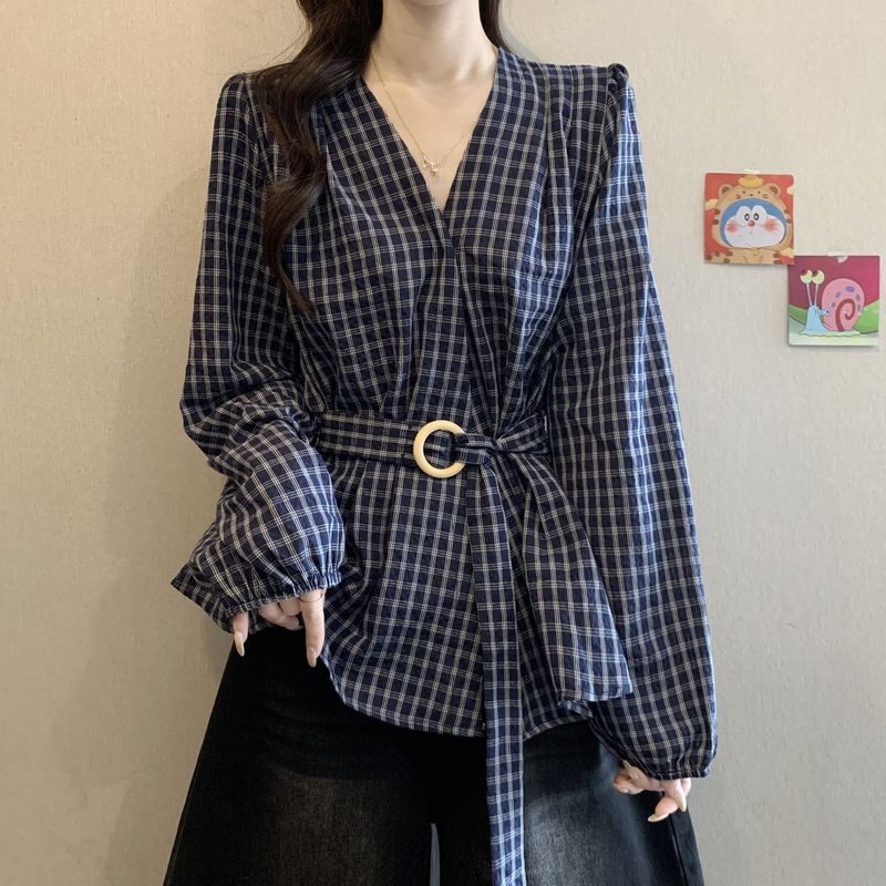 大码秋装韩版不规则格子配腰带收腰衬衫女遮肚子韩系休闲简约上衣|undefined