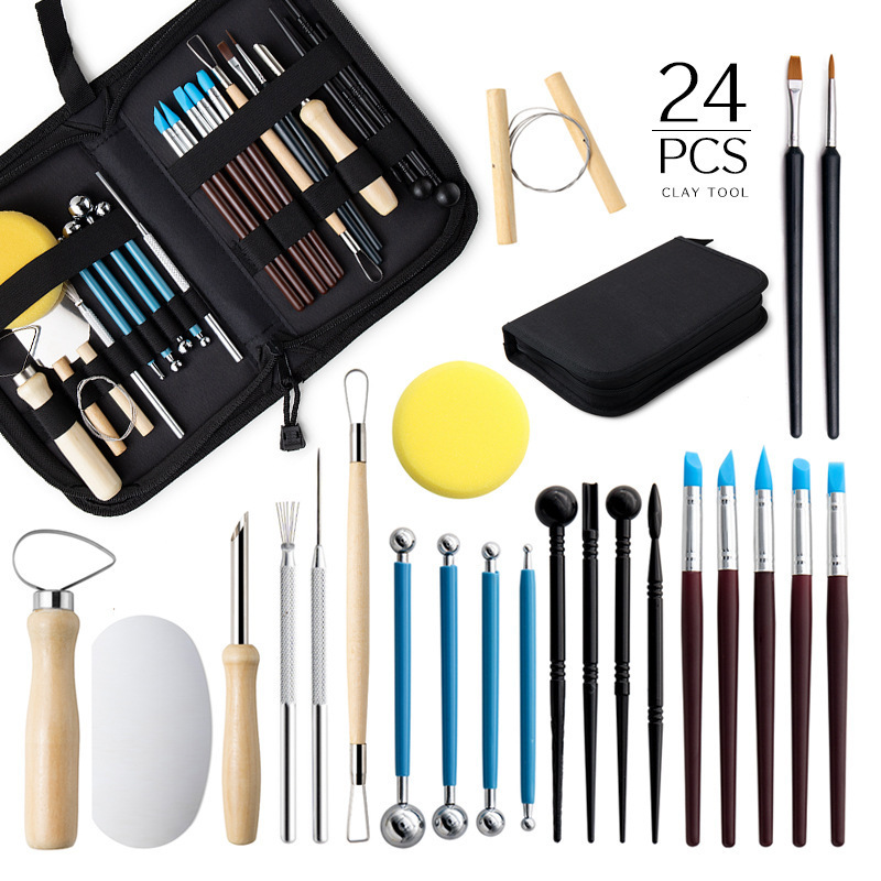Cross-Border Pottery Tools 24-Piece Set Clay Carving Knife DIY Art Punch Silicone Dot Drill Pen Detail Needle